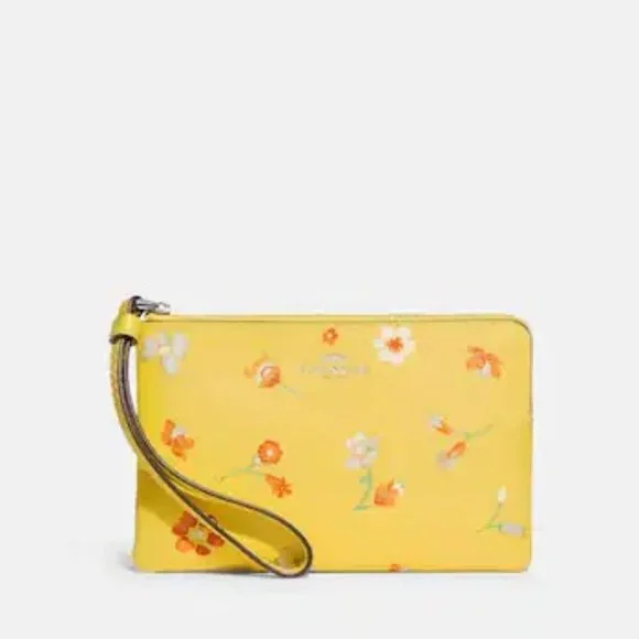 Coach Corner Zip Wristlet With Mystical Floral Print Silver/Yellow Multi
